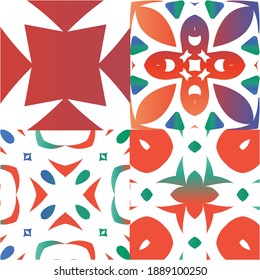 Antique talavera tiles patchworks. Collection of vector seamless patterns. Minimal design. Red mexican ornamental  decor for bags, smartphone cases, T-shirts, linens or scrapbooking.