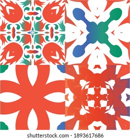 Antique talavera tiles patchworks. Collection of vector seamless patterns. Creative design. Red mexican ornamental  decor for bags, smartphone cases, T-shirts, linens or scrapbooking.