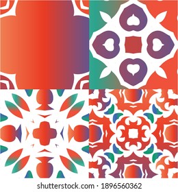 Antique talavera tiles patchworks. Collection of vector seamless patterns. Creative design. Red mexican ornamental  decor for bags, smartphone cases, T-shirts, linens or scrapbooking.