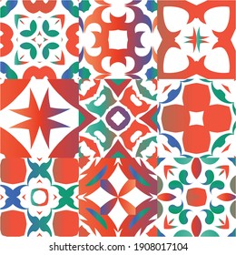 Antique talavera tiles patchworks. Collection of vector seamless patterns. Colored design. Red mexican ornamental  decor for bags, smartphone cases, T-shirts, linens or scrapbooking.