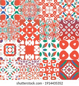 Antique talavera tiles patchworks. Collection of vector seamless patterns. Original design. Red mexican ornamental  decor for bags, smartphone cases, T-shirts, linens or scrapbooking.