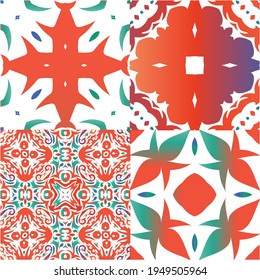 Antique talavera tiles patchworks. Collection of vector seamless patterns. Bathroom design. Red mexican ornamental  decor for bags, smartphone cases, T-shirts, linens or scrapbooking.