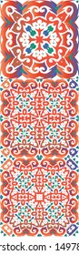 Antique talavera tiles patchworks. Colored design. Kit of vector seamless patterns. Red mexican ornamental  decor for bags, smartphone cases, T-shirts, linens or scrapbooking.