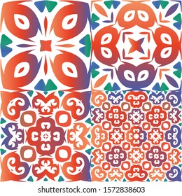 Antique talavera tiles patchworks. Colored design. Kit of vector seamless patterns. Red mexican ornamental  decor for bags, smartphone cases, T-shirts, linens or scrapbooking.