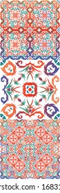 Antique talavera tiles patchworks. Colored design. Collection of vector seamless patterns. Red mexican ornamental  decor for bags, smartphone cases, T-shirts, linens or scrapbooking.
