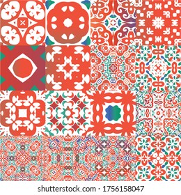 Baldosas de talavera antigua. Diseño de colores. Conjunto de patrones vectoriales sin fisuras. Decoración ornamental mexicana roja para bolsas, estuches para smartphones, camisetas, ropa de cama o rayado.