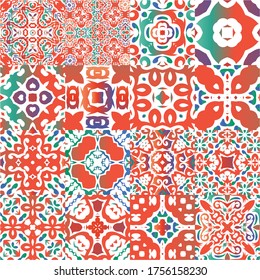 Antique talavera tiles patchworks. Colored design. Collection of vector seamless patterns. Red mexican ornamental  decor for bags, smartphone cases, T-shirts, linens or scrapbooking.