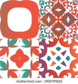 Antique talavera tiles patchworks. Colored design. Collection of vector seamless patterns. Red mexican ornamental  decor for bags, smartphone cases, T-shirts, linens or scrapbooking.
