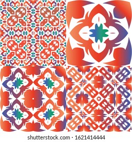 Antique talavera tiles patchworks. Creative design. Set of vector seamless patterns. Red mexican ornamental  decor for bags, smartphone cases, T-shirts, linens or scrapbooking.