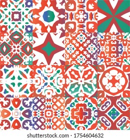 Antique talavera tiles patchworks. Creative design. Collection of vector seamless patterns. Red mexican ornamental  decor for bags, smartphone cases, T-shirts, linens or scrapbooking.