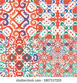 Antique talavera tiles patchworks. Creative design. Collection of vector seamless patterns. Red mexican ornamental  decor for bags, smartphone cases, T-shirts, linens or scrapbooking.