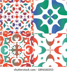 Antique talavera tiles patchworks. Creative design. Kit of vector seamless patterns. Red mexican ornamental  decor for bags, smartphone cases, T-shirts, linens or scrapbooking.