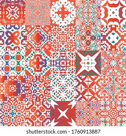 Antique talavera tiles patchworks. Geometric design. Collection of vector seamless patterns. Red mexican ornamental  decor for bags, smartphone cases, T-shirts, linens or scrapbooking.