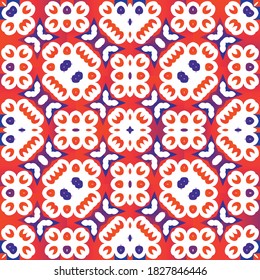 Antique talavera tiles patchworks. Geometric design. Collection of vector seamless patterns. Red mexican ornamental  decor for bags, smartphone cases, T-shirts, linens or scrapbooking.