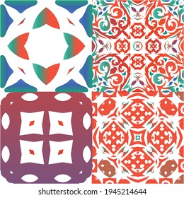 Antique talavera tiles patchworks. Geometric design. Set of vector seamless patterns. Red mexican ornamental  decor for bags, smartphone cases, T-shirts, linens or scrapbooking.