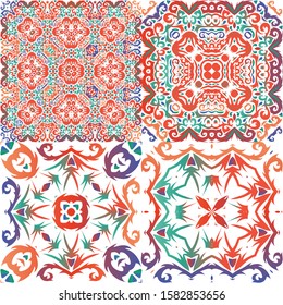 Antique talavera tiles patchworks. Hand drawn design. Kit of vector seamless patterns. Red mexican ornamental  decor for bags, smartphone cases, T-shirts, linens or scrapbooking.