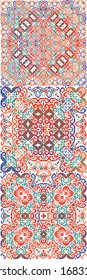 Antique talavera tiles patchworks. Hand drawn design. Collection of vector seamless patterns. Red mexican ornamental  decor for bags, smartphone cases, T-shirts, linens or scrapbooking.