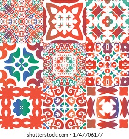 Antique talavera tiles patchworks. Kit of vector seamless patterns. Geometric design. Red mexican ornamental  decor for bags, smartphone cases, T-shirts, linens or scrapbooking.