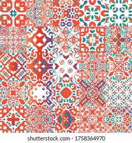 Antique talavera tiles patchworks. Kit of vector seamless patterns. Modern design. Red mexican ornamental  decor for bags, smartphone cases, T-shirts, linens or scrapbooking.