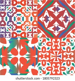 Antique talavera tiles patchworks. Kit of vector seamless patterns. Modern design. Red mexican ornamental  decor for bags, smartphone cases, T-shirts, linens or scrapbooking.