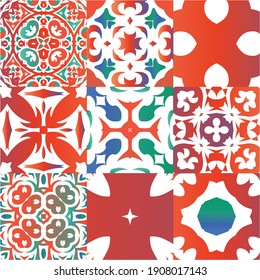 Antique talavera tiles patchworks. Kit of vector seamless patterns. Modern design. Red mexican ornamental  decor for bags, smartphone cases, T-shirts, linens or scrapbooking.