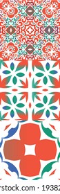 Antique talavera tiles patchworks. Kit of vector seamless patterns. Kitchen design. Red mexican ornamental  decor for bags, smartphone cases, T-shirts, linens or scrapbooking.