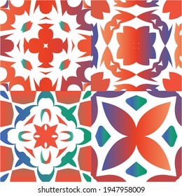 Antique talavera tiles patchworks. Kit of vector seamless patterns. Modern design. Red mexican ornamental  decor for bags, smartphone cases, T-shirts, linens or scrapbooking.