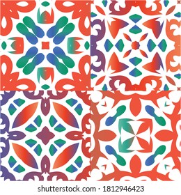 Antique talavera tiles patchworks. Kitchen design. Kit of vector seamless patterns. Red mexican ornamental  decor for bags, smartphone cases, T-shirts, linens or scrapbooking.