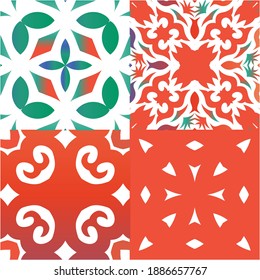 Antique talavera tiles patchworks. Kitchen design. Set of vector seamless patterns. Red mexican ornamental  decor for bags, smartphone cases, T-shirts, linens or scrapbooking.