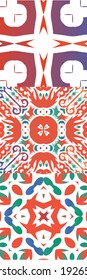 Antique talavera tiles patchworks. Minimal design. Set of vector seamless patterns. Red mexican ornamental  decor for bags, smartphone cases, T-shirts, linens or scrapbooking.