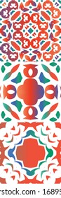 Antique talavera tiles patchworks. Original design. Kit of vector seamless patterns. Red mexican ornamental  decor for bags, smartphone cases, T-shirts, linens or scrapbooking.