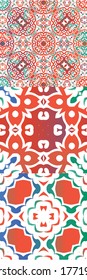Antique talavera tiles patchworks. Original design. Set of vector seamless patterns. Red mexican ornamental  decor for bags, smartphone cases, T-shirts, linens or scrapbooking.