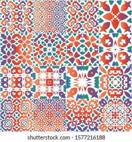 Antique talavera tiles patchworks. Set of vector seamless patterns. Colored design. Red mexican ornamental  decor for bags, smartphone cases, T-shirts, linens or scrapbooking.