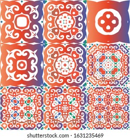 Antique talavera tiles patchworks. Set of vector seamless patterns. Colored design. Red mexican ornamental  decor for bags, smartphone cases, T-shirts, linens or scrapbooking.