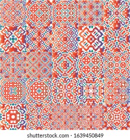 Antique talavera tiles patchworks. Set of vector seamless patterns. Geometric design. Red mexican ornamental  decor for bags, smartphone cases, T-shirts, linens or scrapbooking.