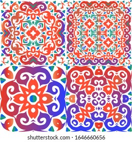 Antique talavera tiles patchworks. Set of vector seamless patterns. Geometric design. Red mexican ornamental  decor for bags, smartphone cases, T-shirts, linens or scrapbooking.