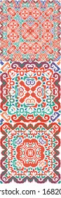 Antique talavera tiles patchworks. Set of vector seamless patterns. Modern design. Red mexican ornamental  decor for bags, smartphone cases, T-shirts, linens or scrapbooking.