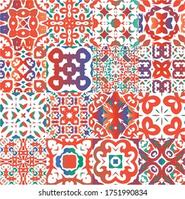 Antique talavera tiles patchworks. Set of vector seamless patterns. Geometric design. Red mexican ornamental  decor for bags, smartphone cases, T-shirts, linens or scrapbooking.