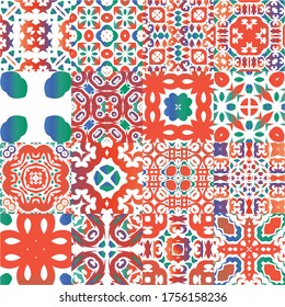 Antique talavera tiles patchworks. Set of vector seamless patterns. Fashionable design. Red mexican ornamental  decor for bags, smartphone cases, T-shirts, linens or scrapbooking.