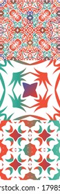 Antique talavera tiles patchworks. Set of vector seamless patterns. Geometric design. Red mexican ornamental  decor for bags, smartphone cases, T-shirts, linens or scrapbooking.