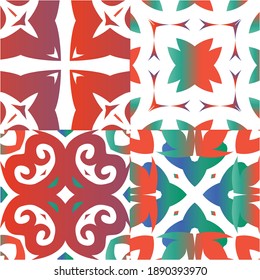 Antique talavera tiles patchworks. Set of vector seamless patterns. Kitchen design. Red mexican ornamental  decor for bags, smartphone cases, T-shirts, linens or scrapbooking.