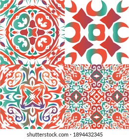 Antique talavera tiles patchworks. Set of vector seamless patterns. Stylish design. Red mexican ornamental  decor for bags, smartphone cases, T-shirts, linens or scrapbooking.