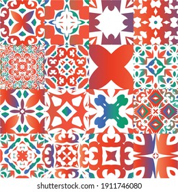 Antique talavera tiles patchworks. Set of vector seamless patterns. Universal design. Red mexican ornamental  decor for bags, smartphone cases, T-shirts, linens or scrapbooking.