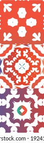 Antique talavera tiles patchworks. Set of vector seamless patterns. Creative design. Red mexican ornamental  decor for bags, smartphone cases, T-shirts, linens or scrapbooking.