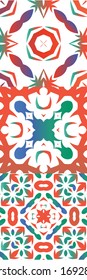 Antique talavera tiles patchworks. Stylish design. Collection of vector seamless patterns. Red mexican ornamental  decor for bags, smartphone cases, T-shirts, linens or scrapbooking.