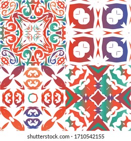Fliesen-Fliesen-Fliesen aus der Antike. Universelles Design. Kit aus nahtlosen Vektorillustration-Mustern. Rote mexikanische Dekoration für Taschen, Smartphone-Kisten, T-Shirts, Bettwäsche oder Scrapbooking.