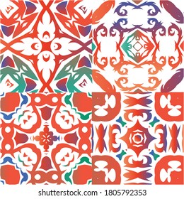 Antique talavera tiles patchworks. Universal design. Set of vector seamless patterns. Red mexican ornamental  decor for bags, smartphone cases, T-shirts, linens or scrapbooking.