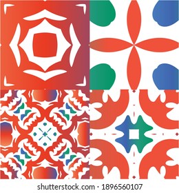Antique talavera tiles patchworks. Universal design. Collection of vector seamless patterns. Red mexican ornamental  decor for bags, smartphone cases, T-shirts, linens or scrapbooking.
