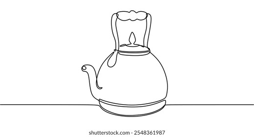 Antique tea kettle with a handle depicted in a single line drawing, representing vintage charm, tradition, and timeless tea culture.