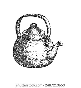 Antiker Teekessel Küchenutensilien Retro Handgezeichnet. Esslöffel, Topfschale, Set Koch Küchenutensilien Retro Vektorgrafik Skizze. Isolierte schwarze Illustration